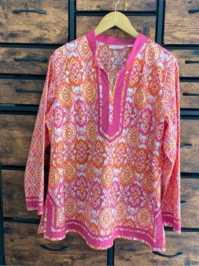 Bellisima By Kim Gravel Print Cotton Tunic Pink Orange Large Resortwear Vacation